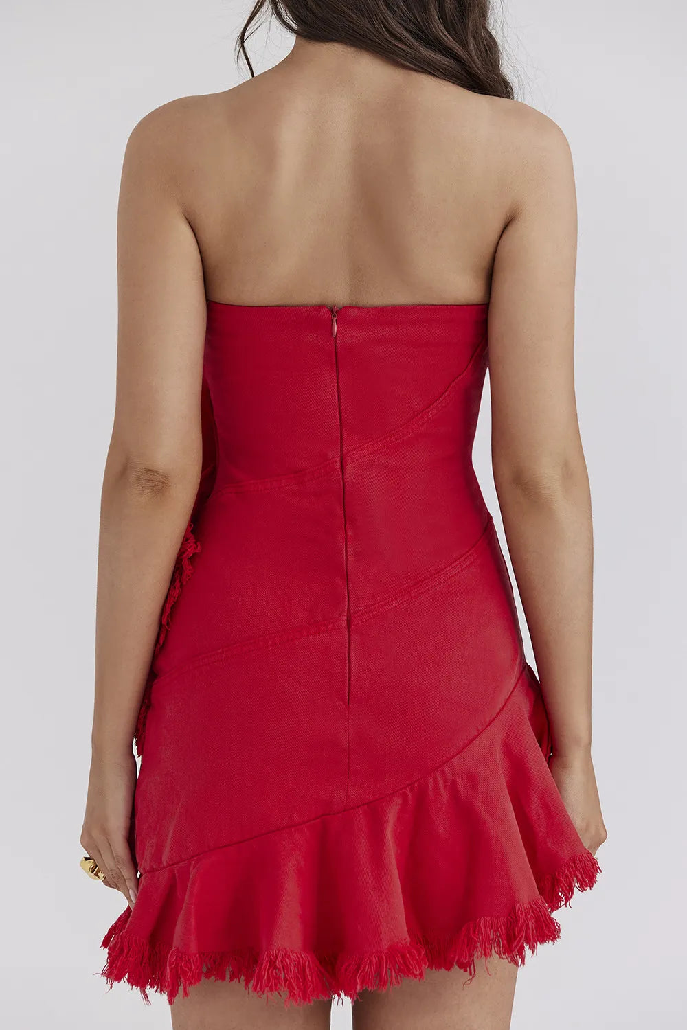 Mistress Rocks Red Frayed Denim Strapless Mini Dress - SALE
