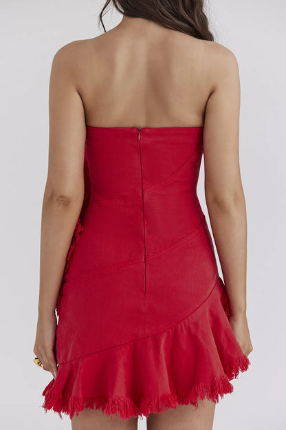 Mistress Rocks Red Frayed Denim Strapless Mini Dress - SALE