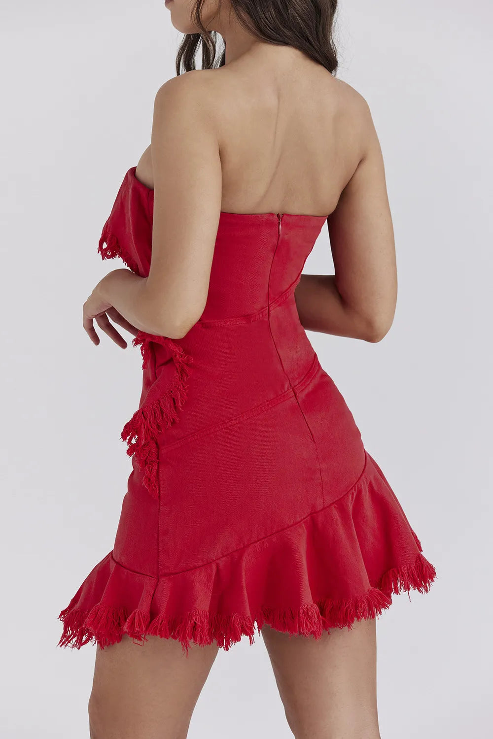 Mistress Rocks Red Frayed Denim Strapless Mini Dress - SALE