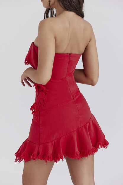 Mistress Rocks Red Frayed Denim Strapless Mini Dress - SALE