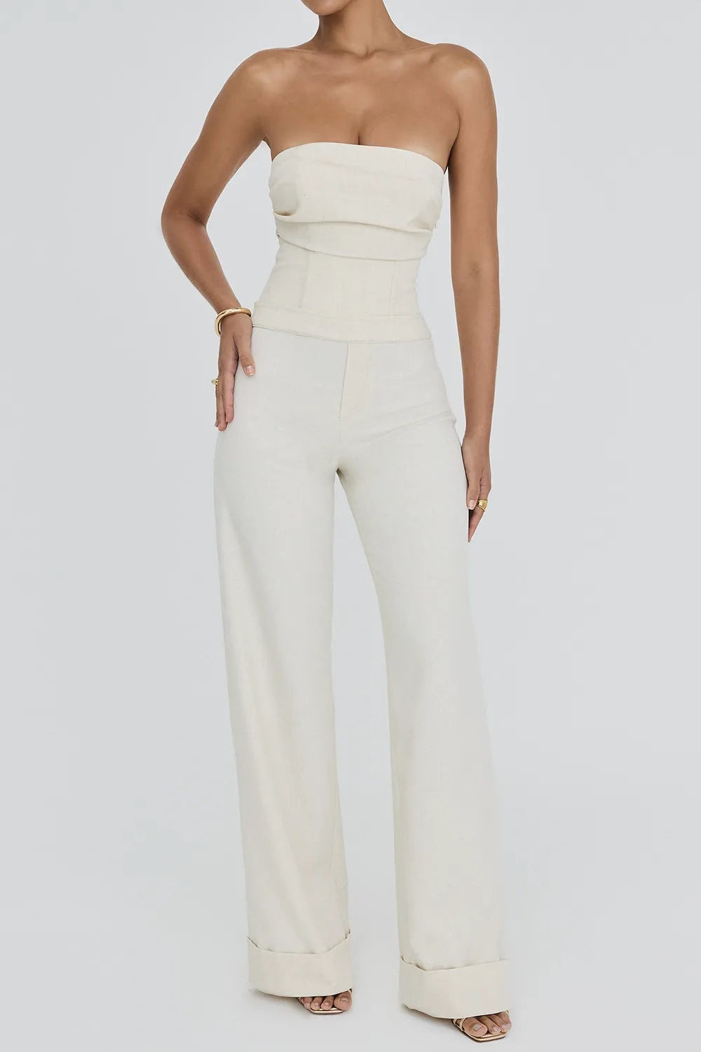 Mistress Rocks Beige Strapless Wide Leg Jumpsuit - SALE