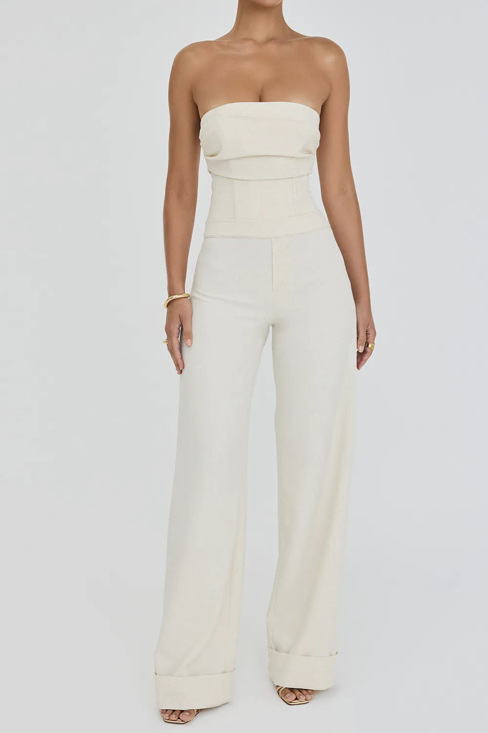 Mistress Rocks Beige Strapless Wide Leg Jumpsuit - SALE