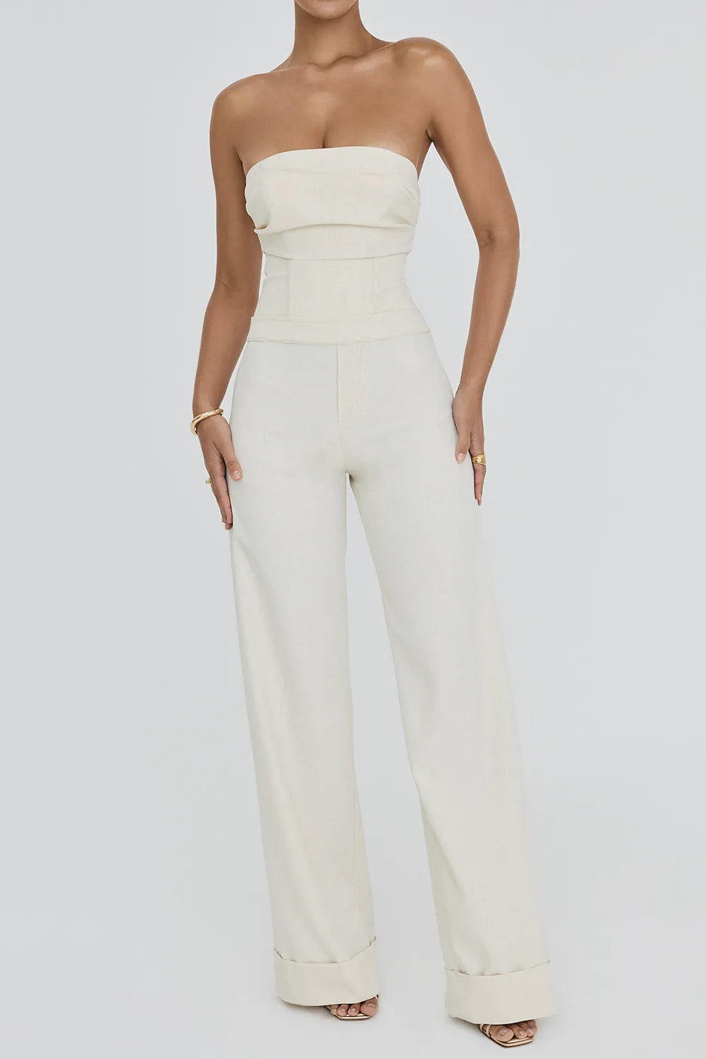 Mistress Rocks Beige Strapless Wide Leg Jumpsuit - SALE