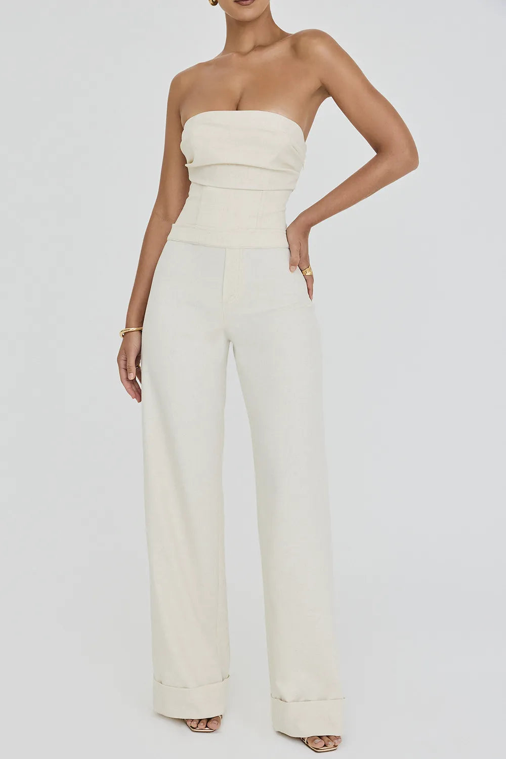 Mistress Rocks Beige Strapless Wide Leg Jumpsuit - SALE