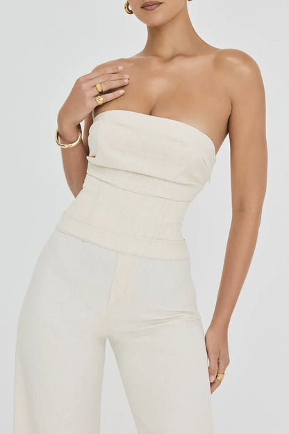 Mistress Rocks Beige Strapless Wide Leg Jumpsuit - SALE