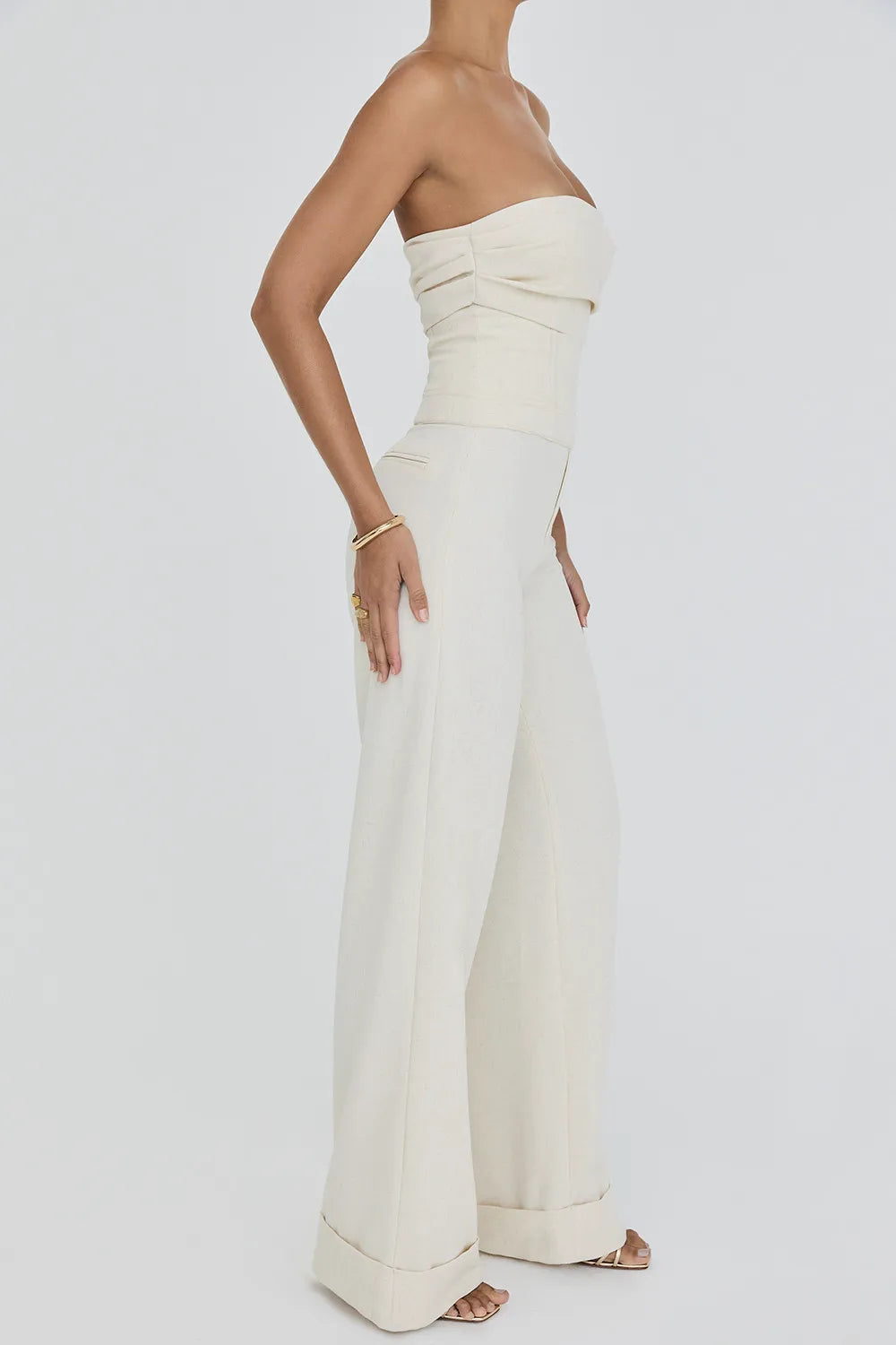 Mistress Rocks Beige Strapless Wide Leg Jumpsuit - SALE