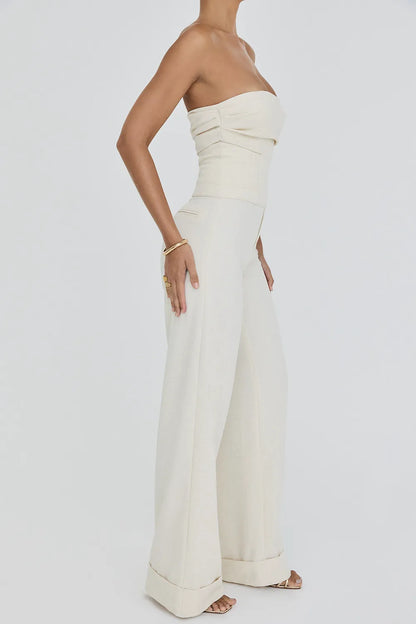 Mistress Rocks Beige Strapless Wide Leg Jumpsuit - SALE