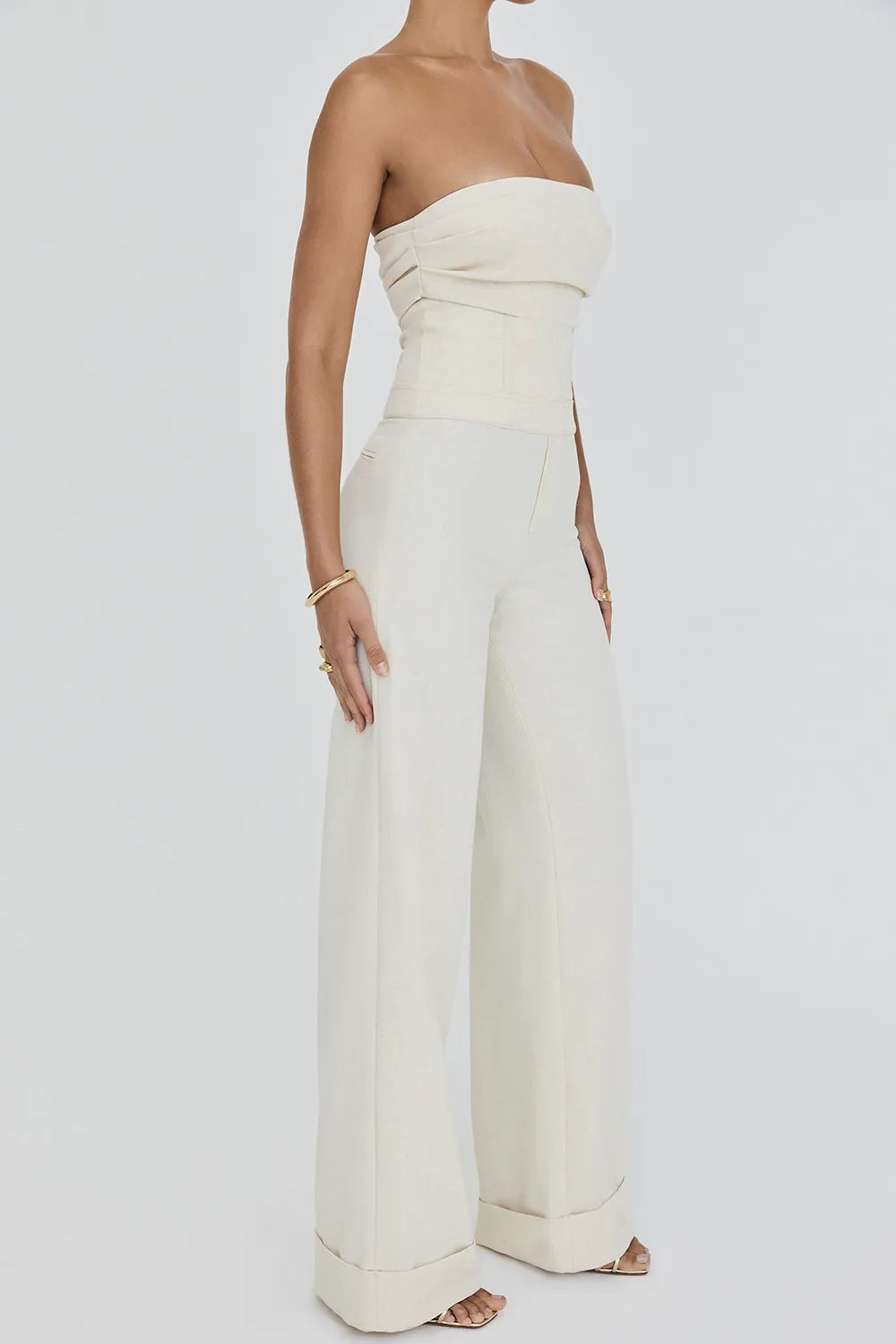 Mistress Rocks Beige Strapless Wide Leg Jumpsuit - SALE