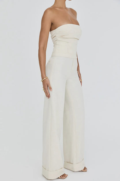 Mistress Rocks Beige Strapless Wide Leg Jumpsuit - SALE