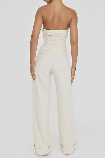 Mistress Rocks Beige Strapless Wide Leg Jumpsuit - SALE