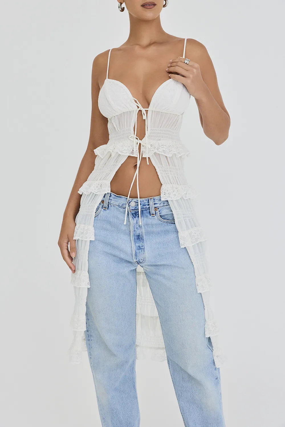 Mistress Rocks White Lace Frilled Longline Top - SALE