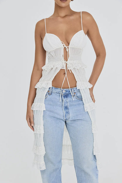 Mistress Rocks White Lace Frilled Longline Top - SALE