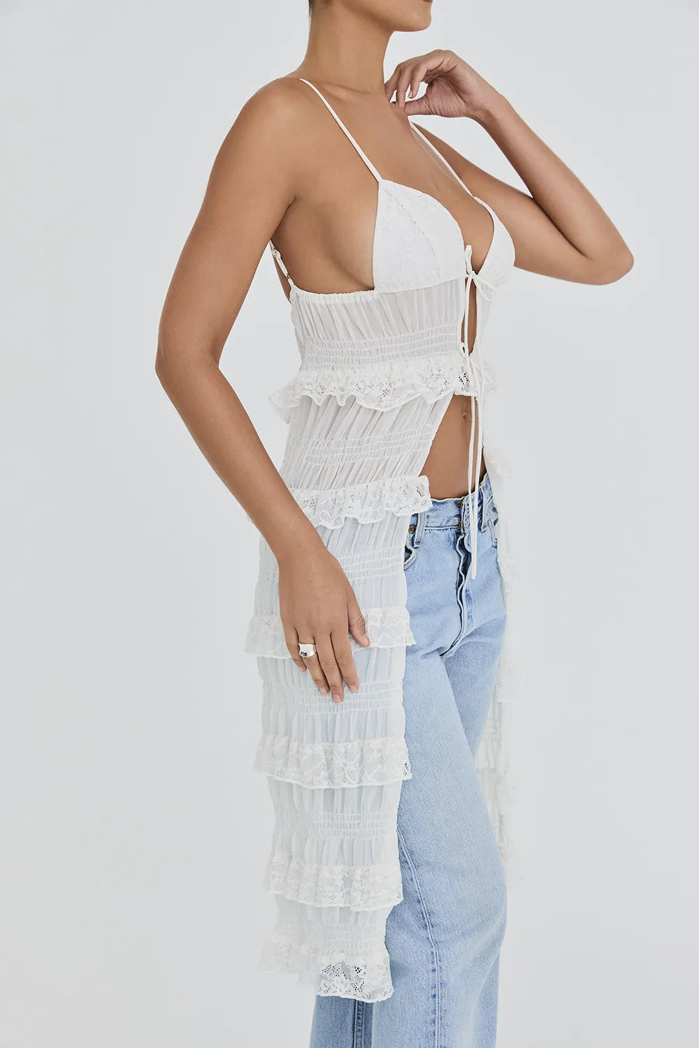 Mistress Rocks White Lace Frilled Longline Top - SALE