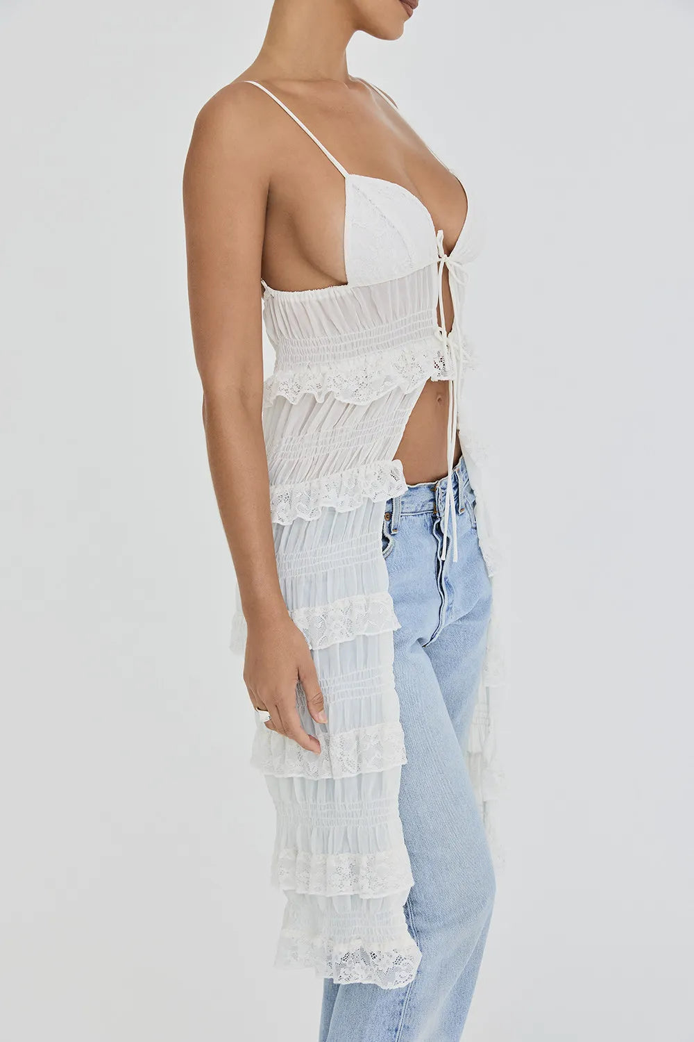 Mistress Rocks White Lace Frilled Longline Top - SALE