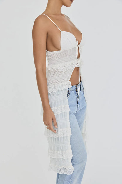 Mistress Rocks White Lace Frilled Longline Top - SALE