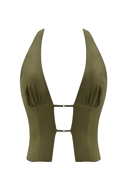 Mistress Rocks Olive Open Front Halter Top - SALE