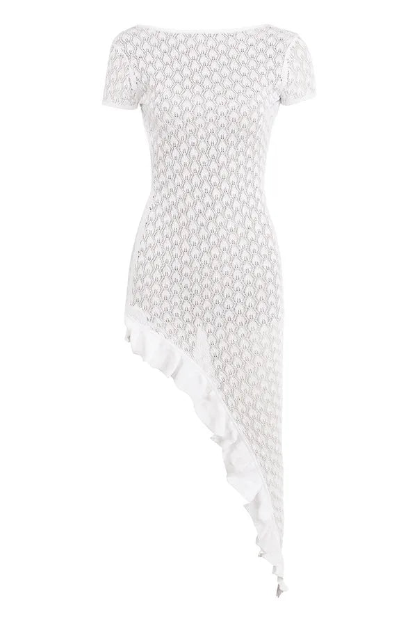 Mistress Rocks White Knit Open Back Ruffle Midi Dress - SALE