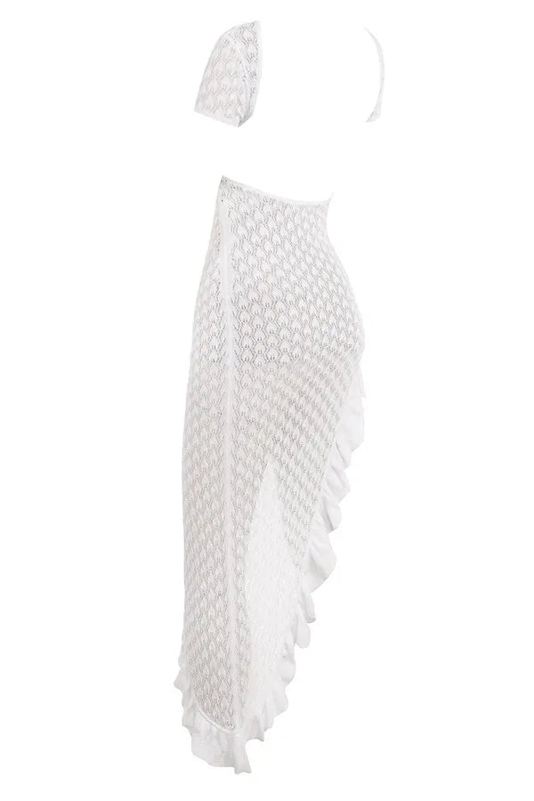 Mistress Rocks White Knit Open Back Ruffle Midi Dress - SALE