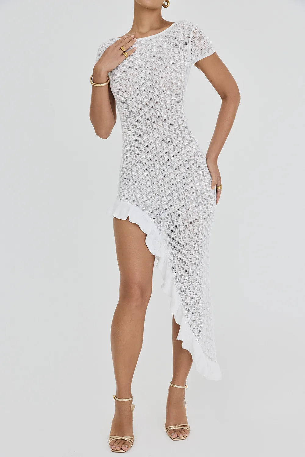 Mistress Rocks White Knit Open Back Ruffle Midi Dress - SALE