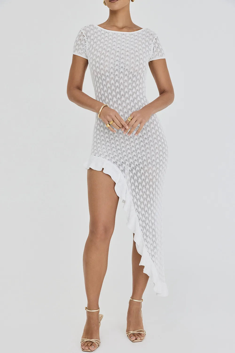 Mistress Rocks White Knit Open Back Ruffle Midi Dress - SALE