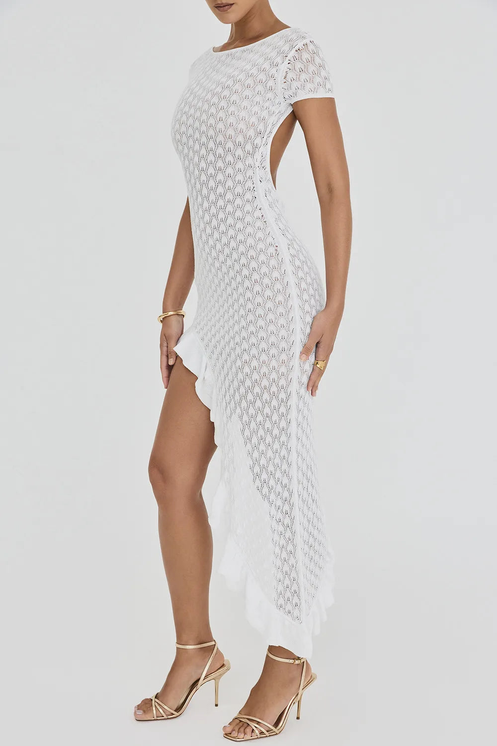 Mistress Rocks White Knit Open Back Ruffle Midi Dress - SALE