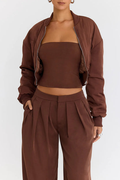 Mistress Rocks Cocoa Cropped Bomber Jacket - SALE