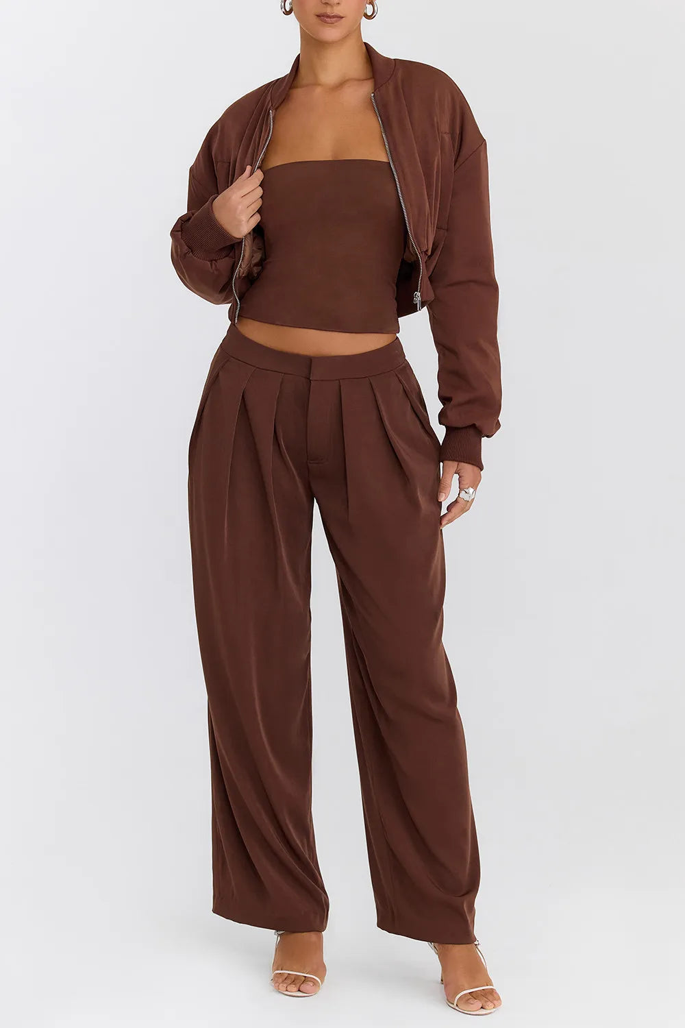 Mistress Rocks Cocoa Pleated Wide Leg Trousers - SALE