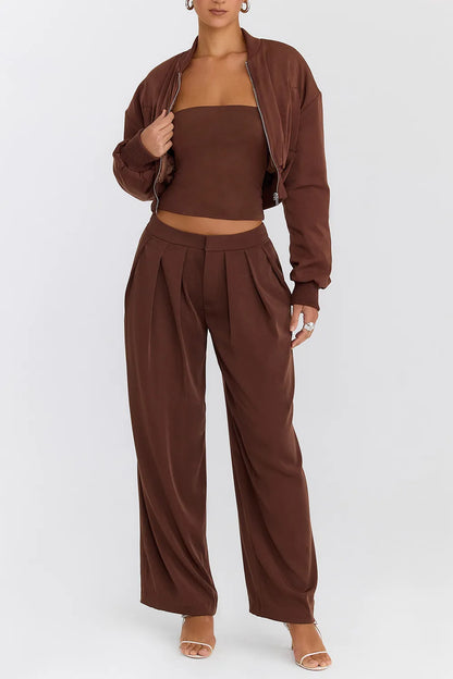 Mistress Rocks Cocoa Pleated Wide Leg Trousers - SALE