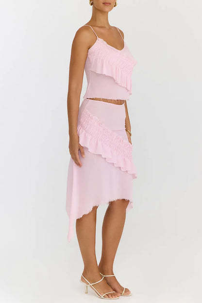 Mistress Rocks Pink Icing Shirred Ruffle Midi Skirt - SALE