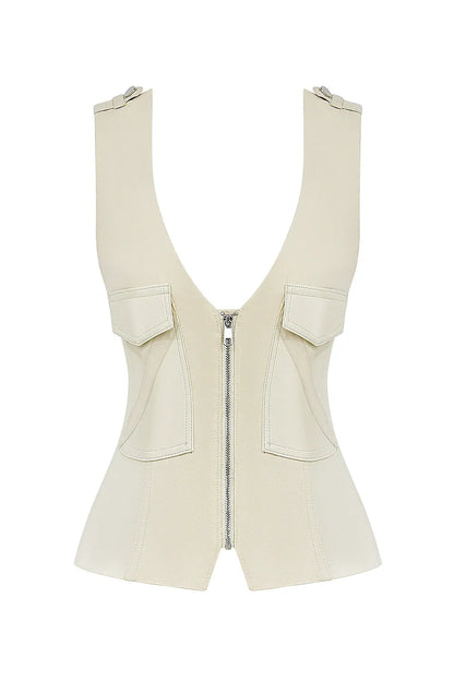 Mistress Rocks Cream Vegan Leather Panelled Top - SALE