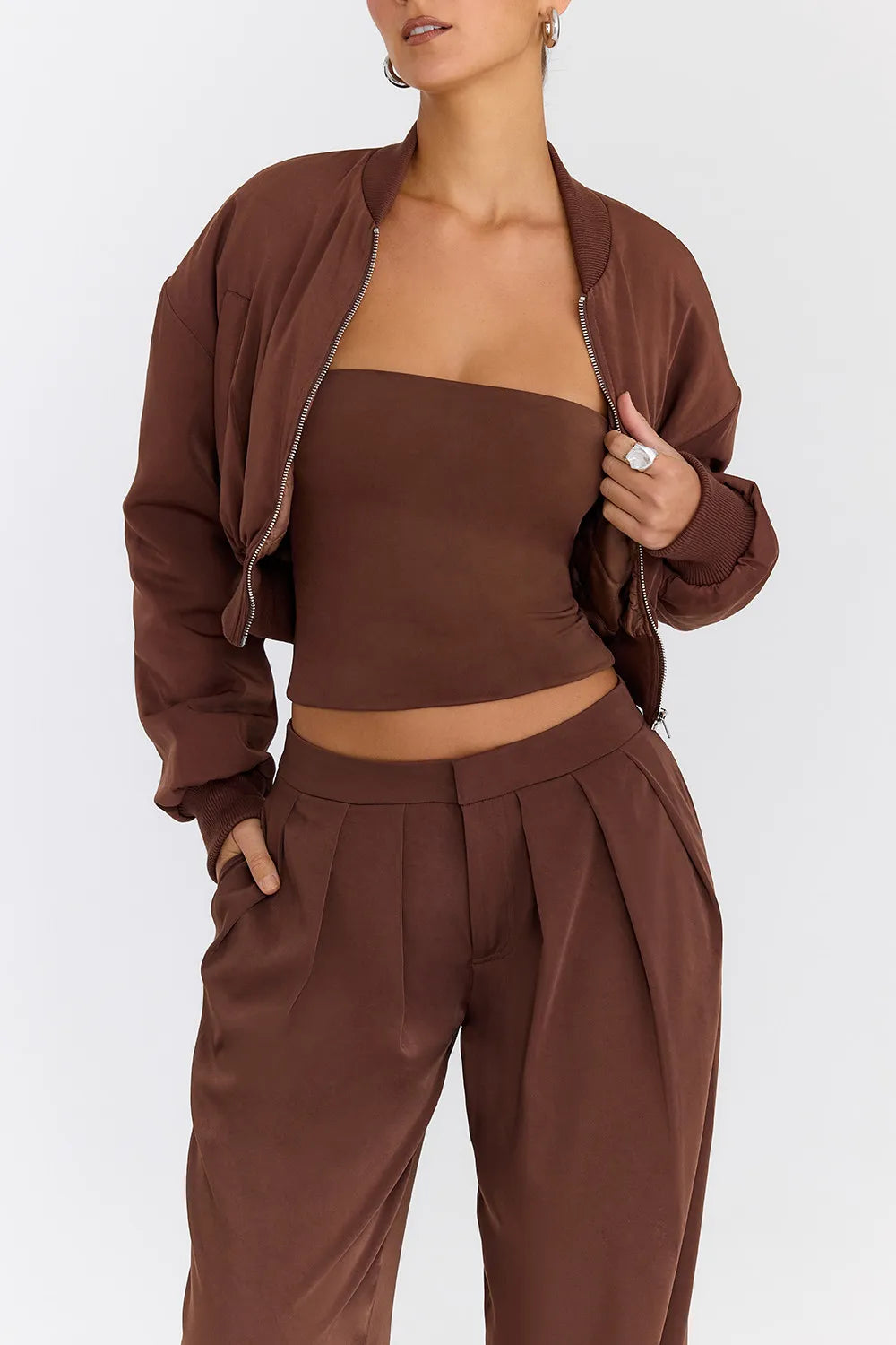 Mistress Rocks Cocoa Cropped Bomber Jacket - SALE