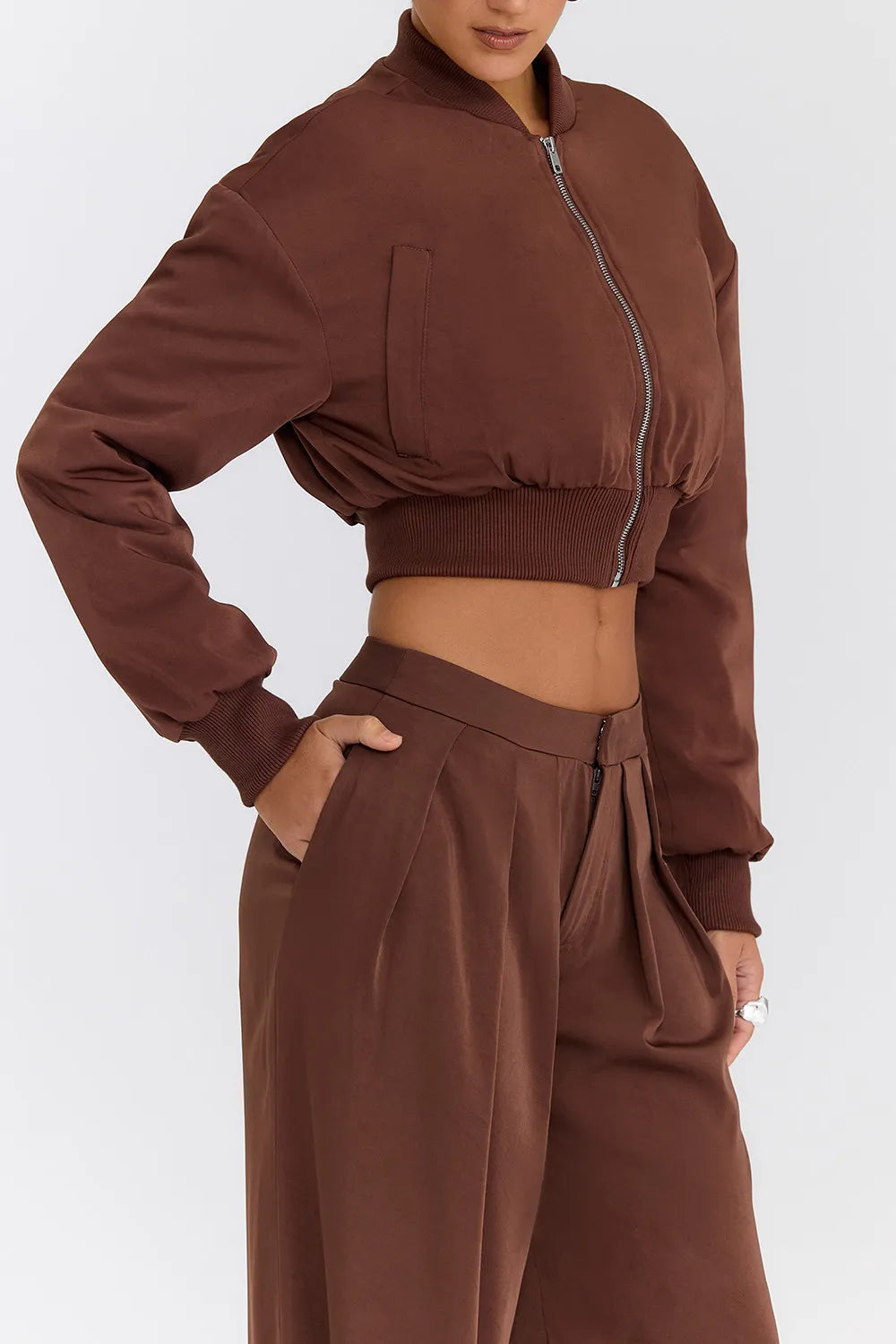 Mistress Rocks Cocoa Cropped Bomber Jacket - SALE
