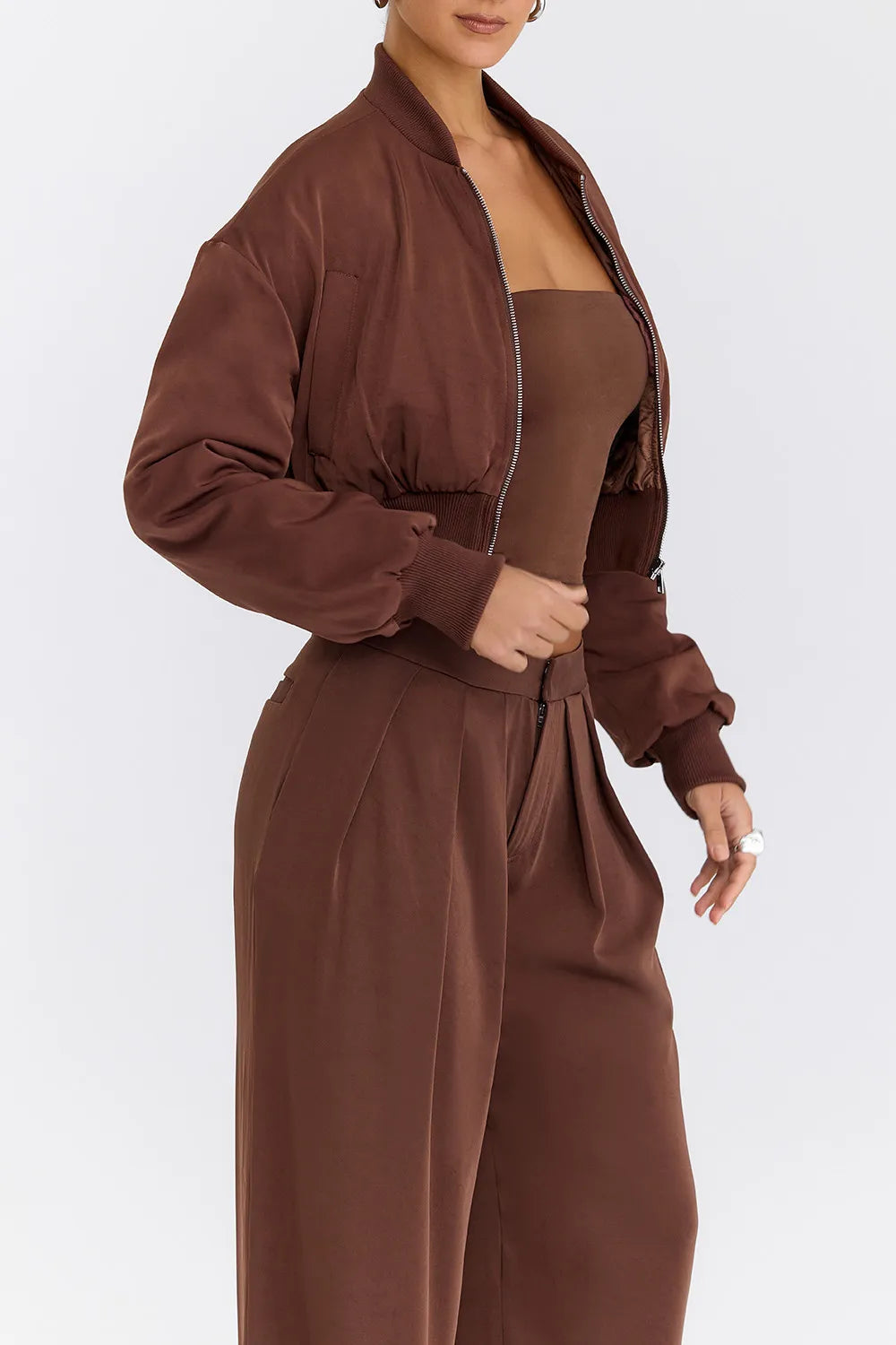 Mistress Rocks Cocoa Cropped Bomber Jacket - SALE