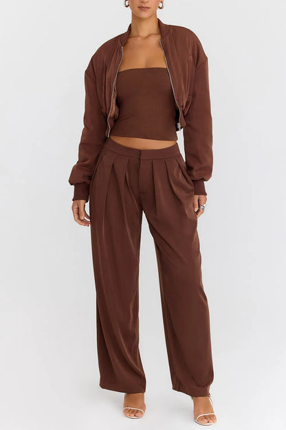 Mistress Rocks Cocoa Pleated Wide Leg Trousers - SALE