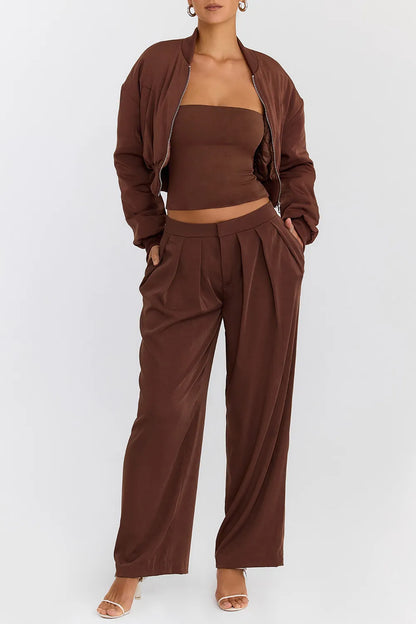 Mistress Rocks Cocoa Pleated Wide Leg Trousers - SALE