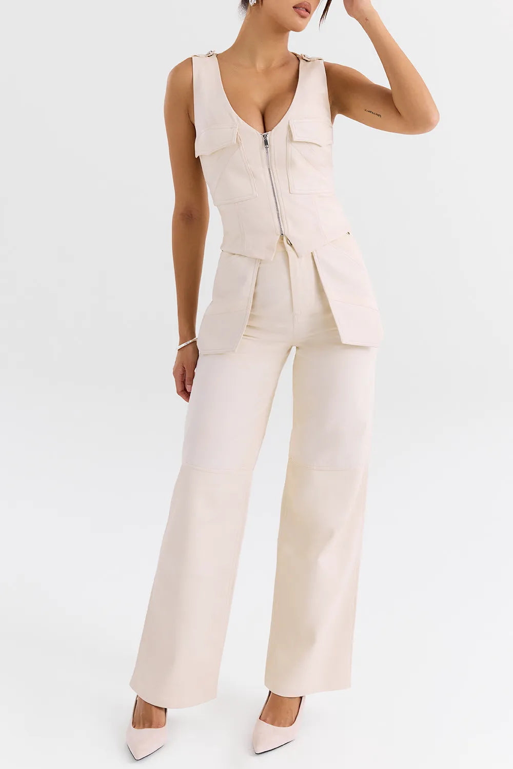 Mistress Rocks Cream Vegan Leather Panelled Trousers - SALE