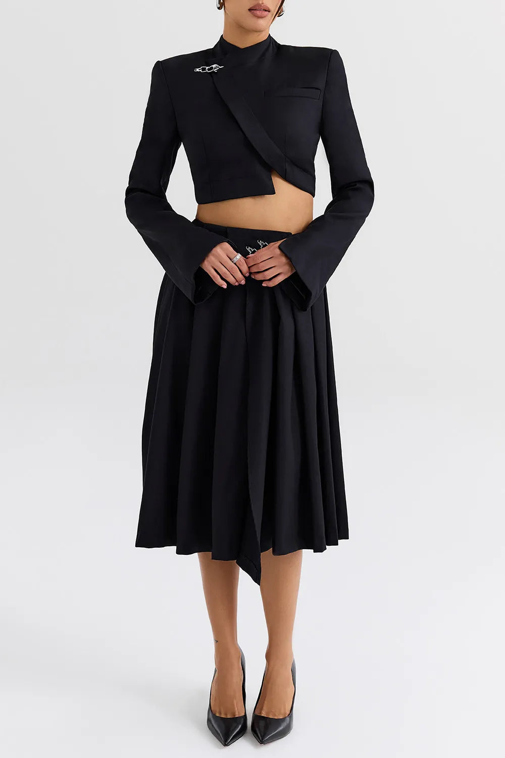 Mistress Rocks Black Pleated Wrap Front Midi Skirt - SALE