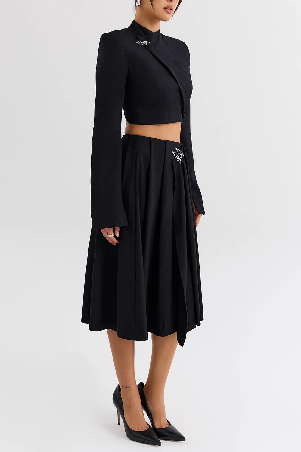 Mistress Rocks Black Pleated Wrap Front Midi Skirt - SALE