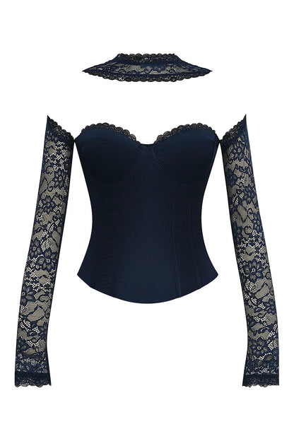 Mistress Rocks Navy Satin & Lace Corset - SALE