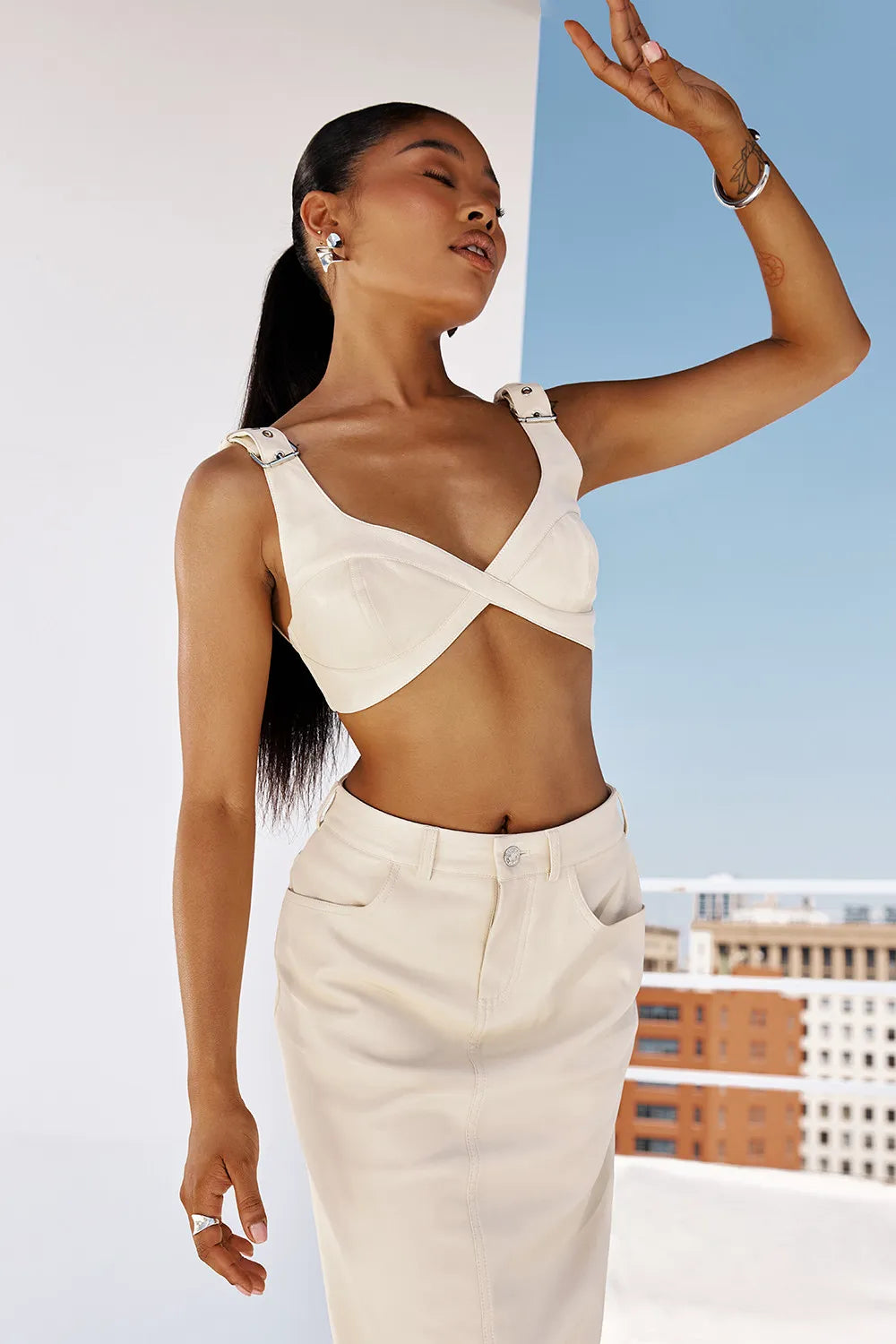 Mistress Rocks Cream Vegan Leather Buckle Strap Bralette - SALE