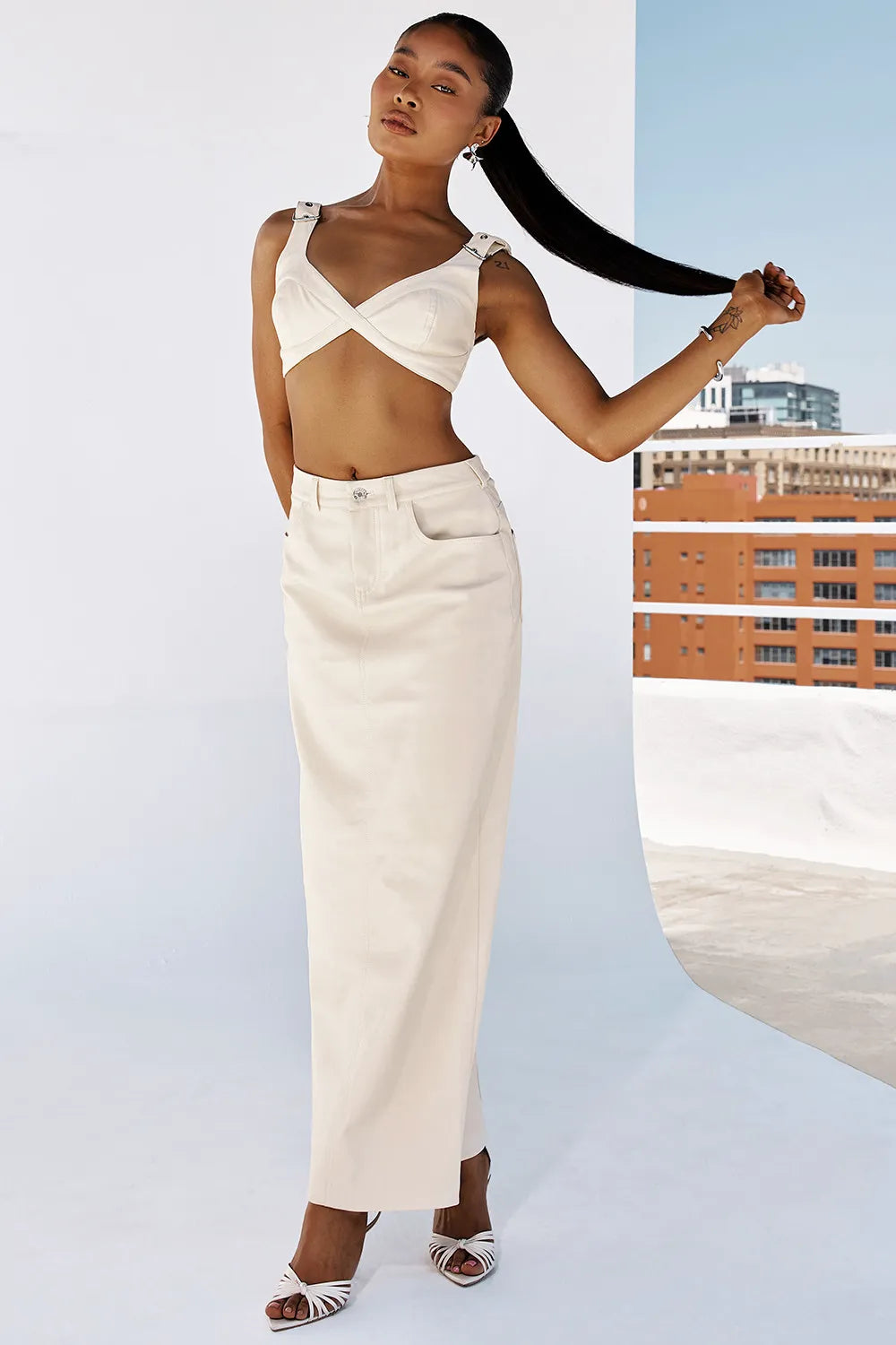 Mistress Rocks Cream Vegan Leather Midi Skirt - SALE