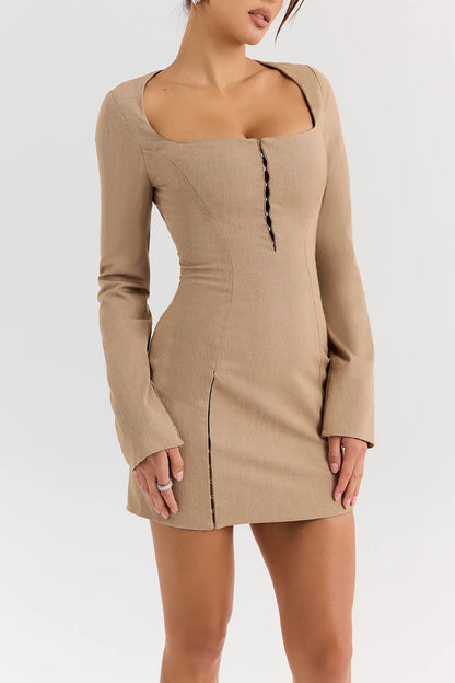 Mistress Rocks Smokey Brown Fitted Long Sleeve Mini Dress - SALE