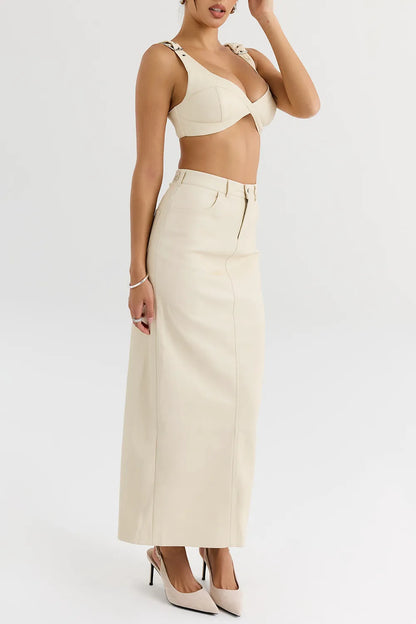 Mistress Rocks Cream Vegan Leather Midi Skirt - SALE