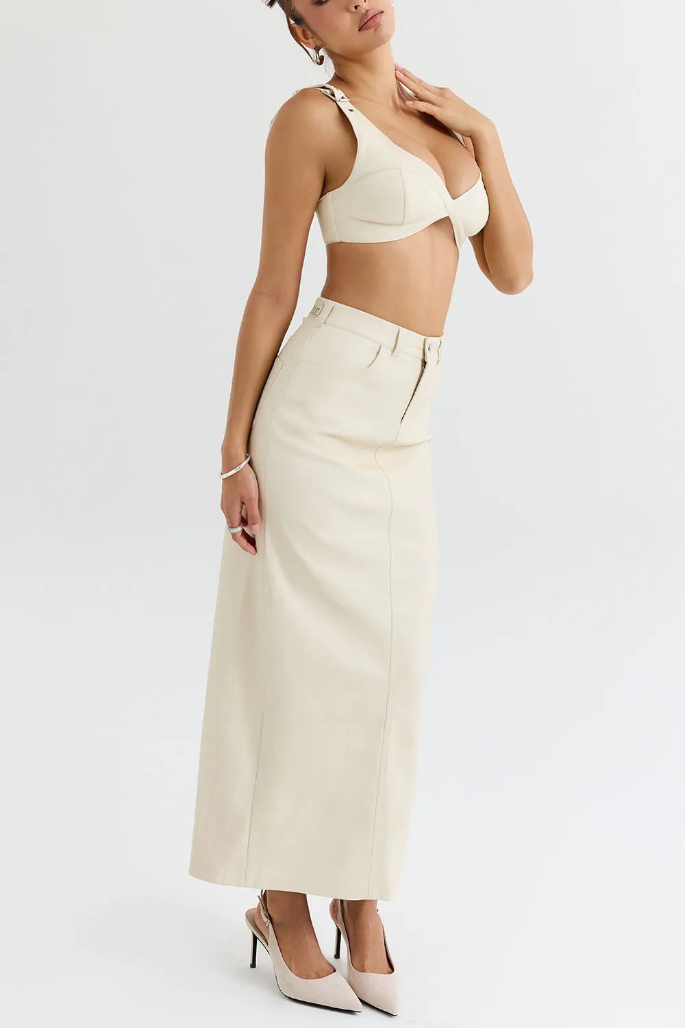 Mistress Rocks Cream Vegan Leather Midi Skirt - SALE
