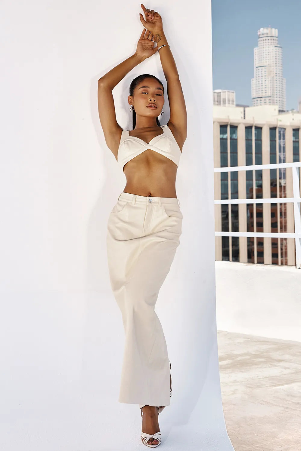 Mistress Rocks Cream Vegan Leather Midi Skirt - SALE