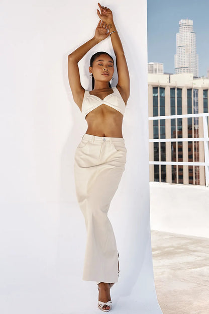 Mistress Rocks Cream Vegan Leather Midi Skirt - SALE