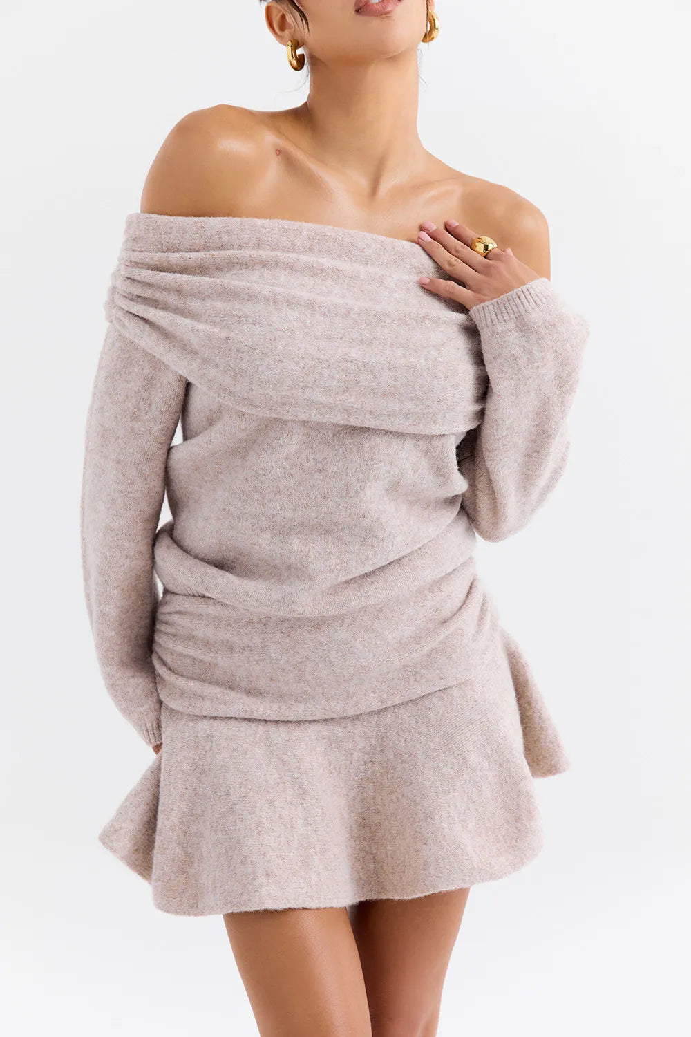 Mistress Rocks Biscuit Knit Off Shoulder Sweater - SALE