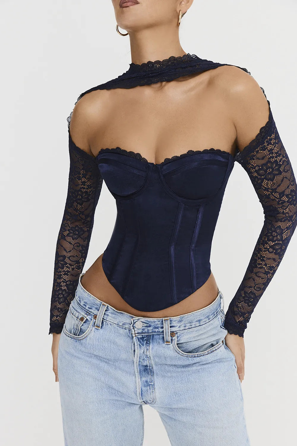 Mistress Rocks Navy Satin & Lace Corset - SALE