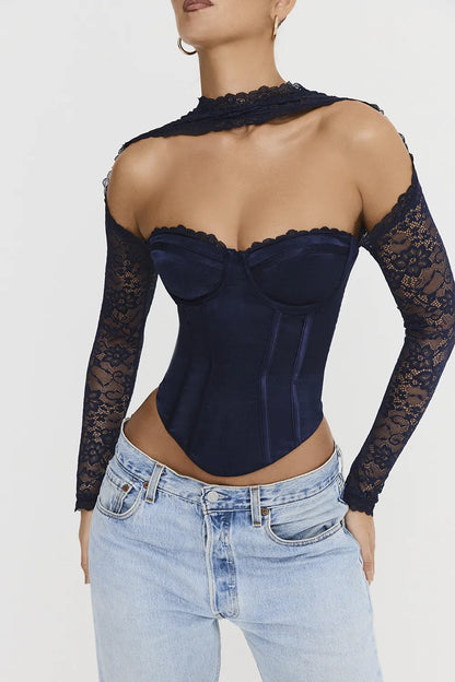 Mistress Rocks Navy Satin & Lace Corset - SALE
