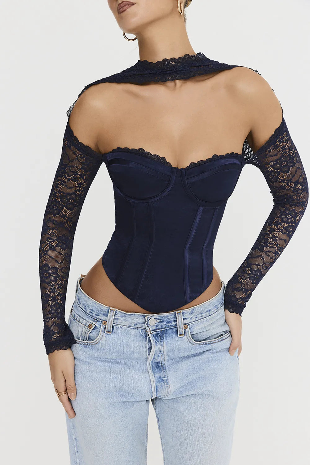 Mistress Rocks Navy Satin & Lace Corset - SALE